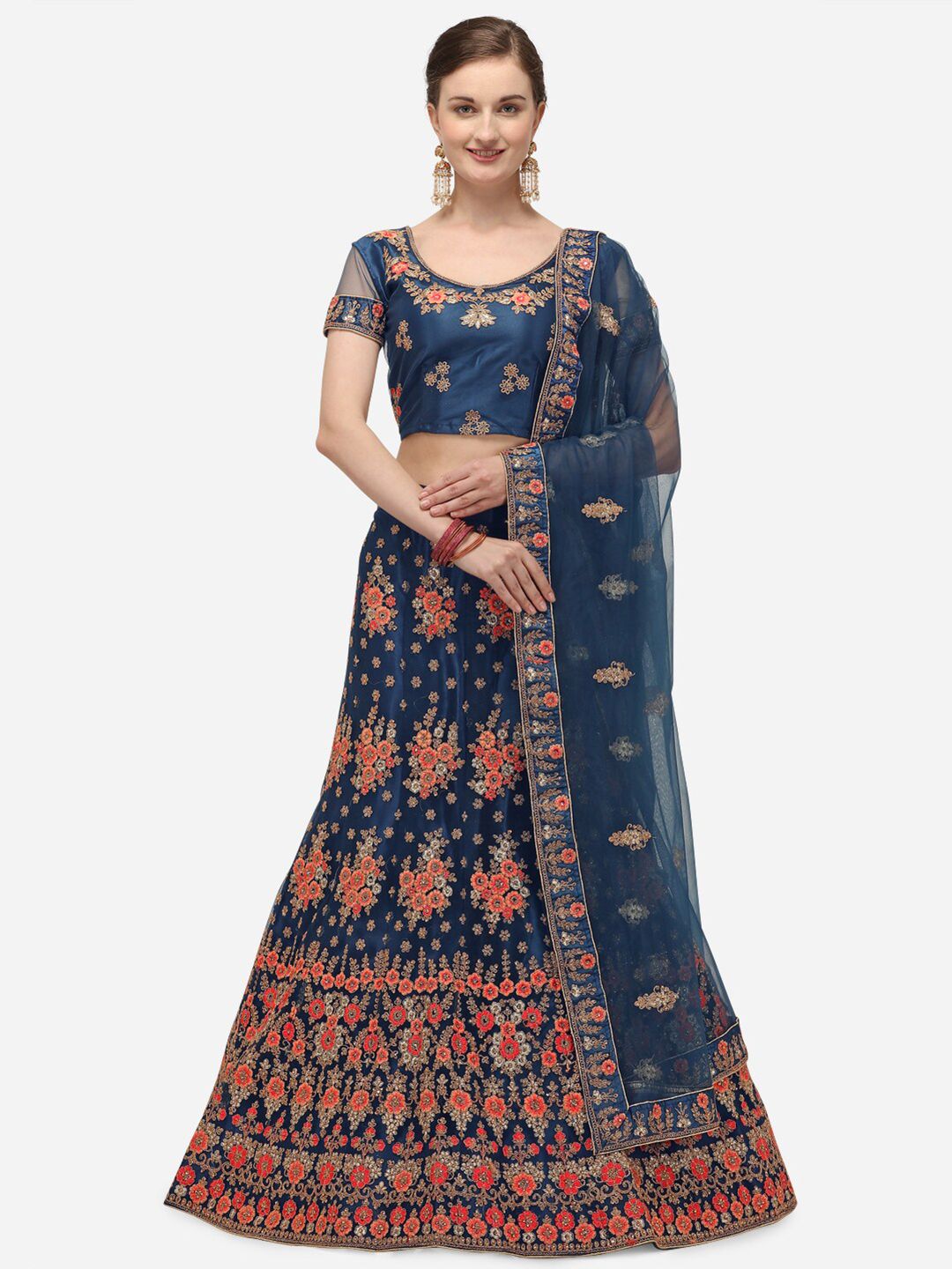 Netram Blue & Orange Embroidered Semi-Stitched Lehenga & Unstitched Blouse With Dupatta Price in India