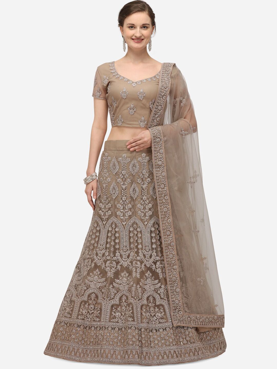 Netram Beige Embroidered Semi-Stitched Lehenga & Unstitched Blouse With Net Dupatta Price in India