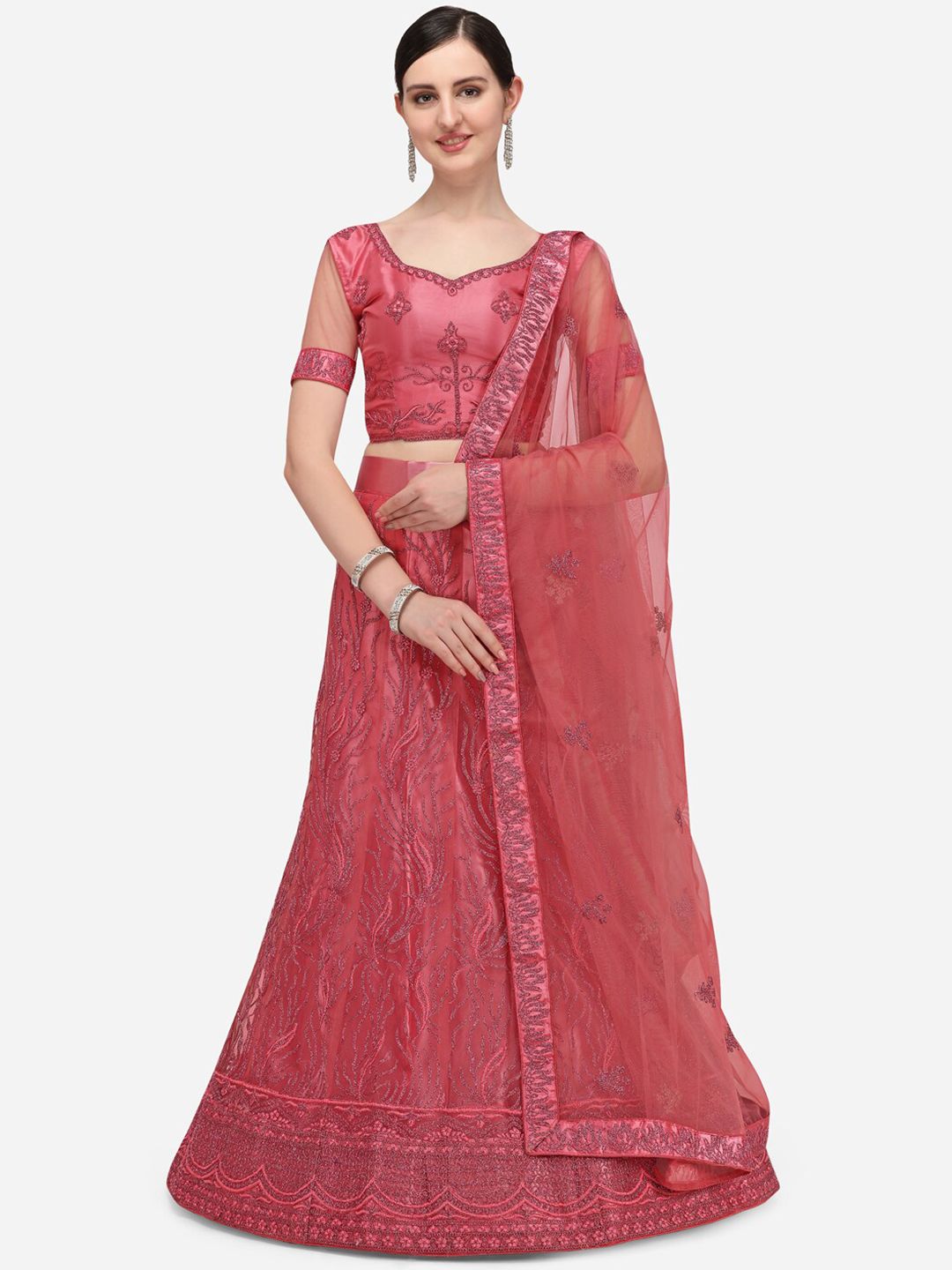 Netram Pink & Silver Embroidered Semi-Stitched Lehenga & Unstitched Blouse With Dupatta Price in India