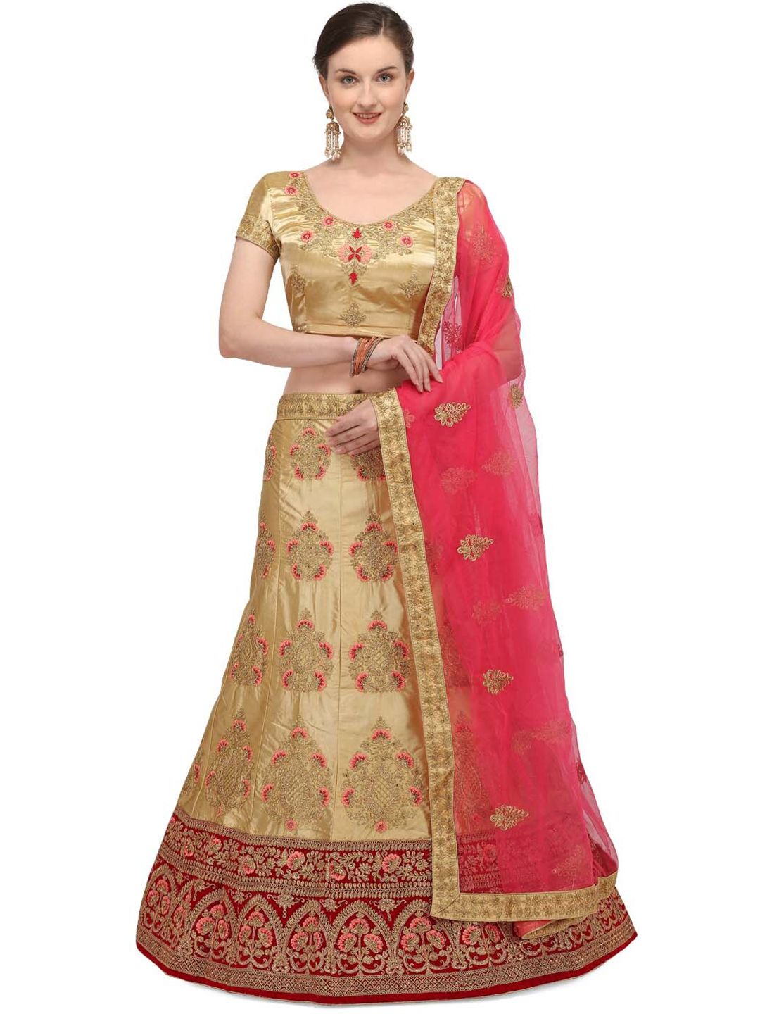 Netram Women Beige & Red Embroidered Semi-Stitched Lehenga Choli with Dupatta Price in India