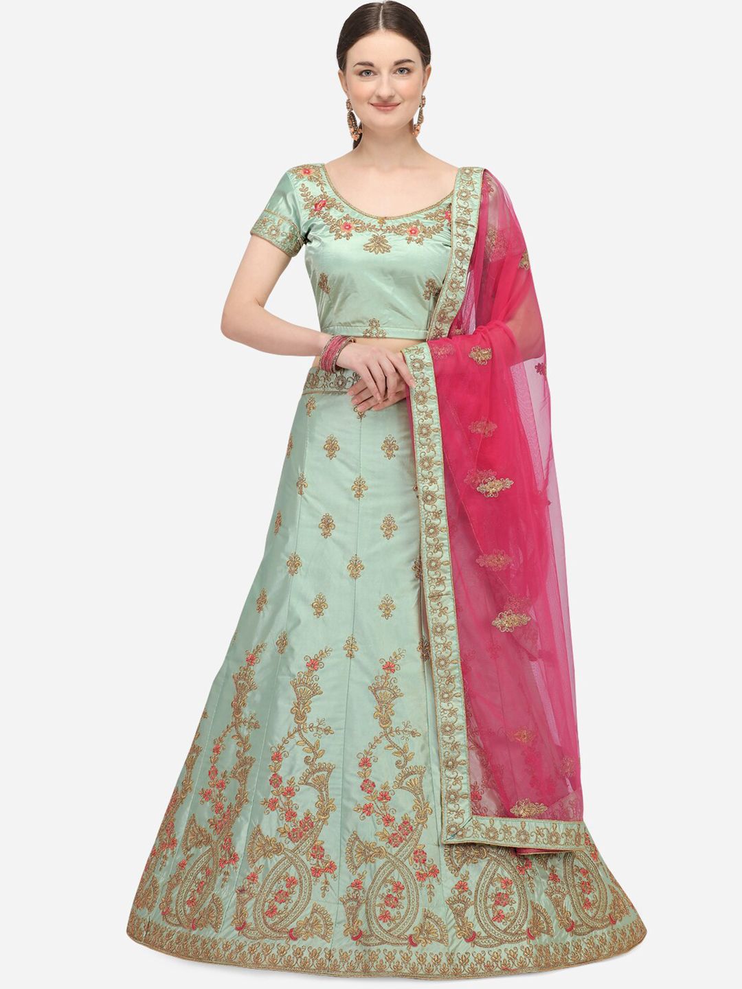 Netram Lime Green & Pink Embroidered Semi-Stitched Lehenga & Unstitched Blouse With Dupatta Price in India