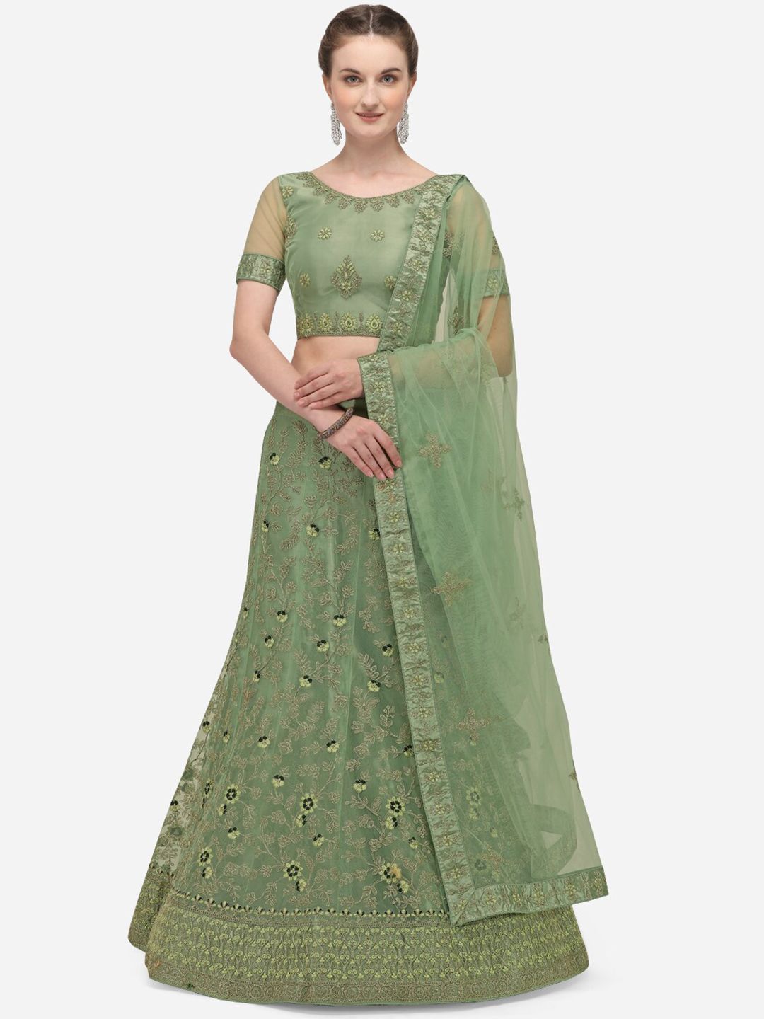 Netram Lime Green Embroidered Semi-Stitched Lehenga & Unstitched Blouse With Dupatta Price in India