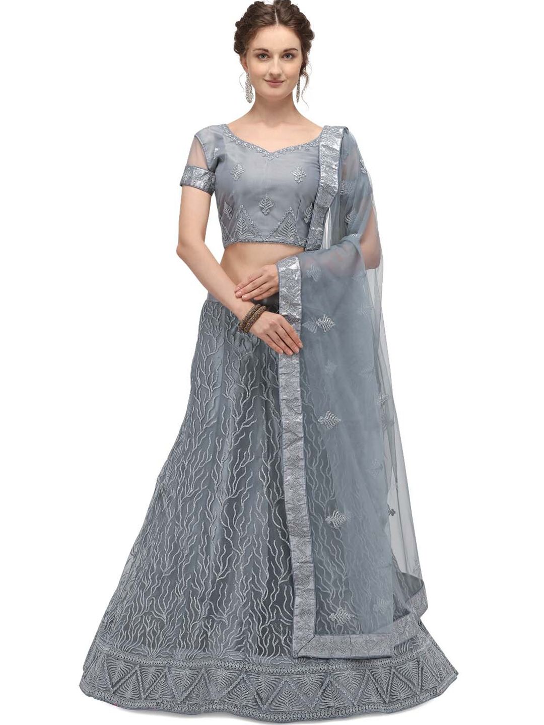 Netram Grey Embroidered Semi-Stitched Lehenga & Unstitched Blouse With Dupatta Price in India