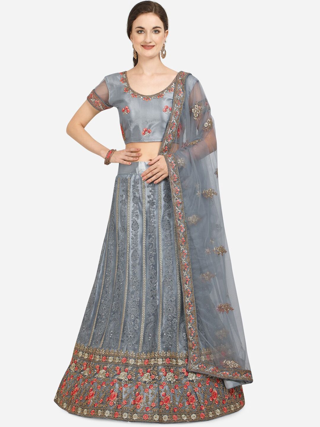 Netram Grey & Pink Embroidered Semi-Stitched Lehenga & Unstitched Blouse With Dupatta Price in India