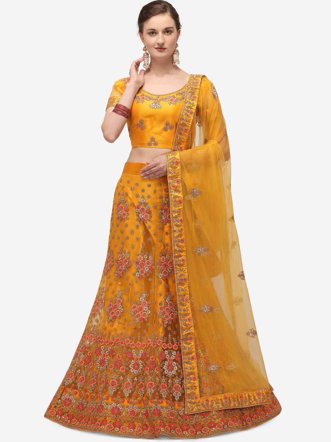 Netram Yellow & Orange Embroidered Semi-Stitched Lehenga & Unstitched Blouse With Dupatta Price in India