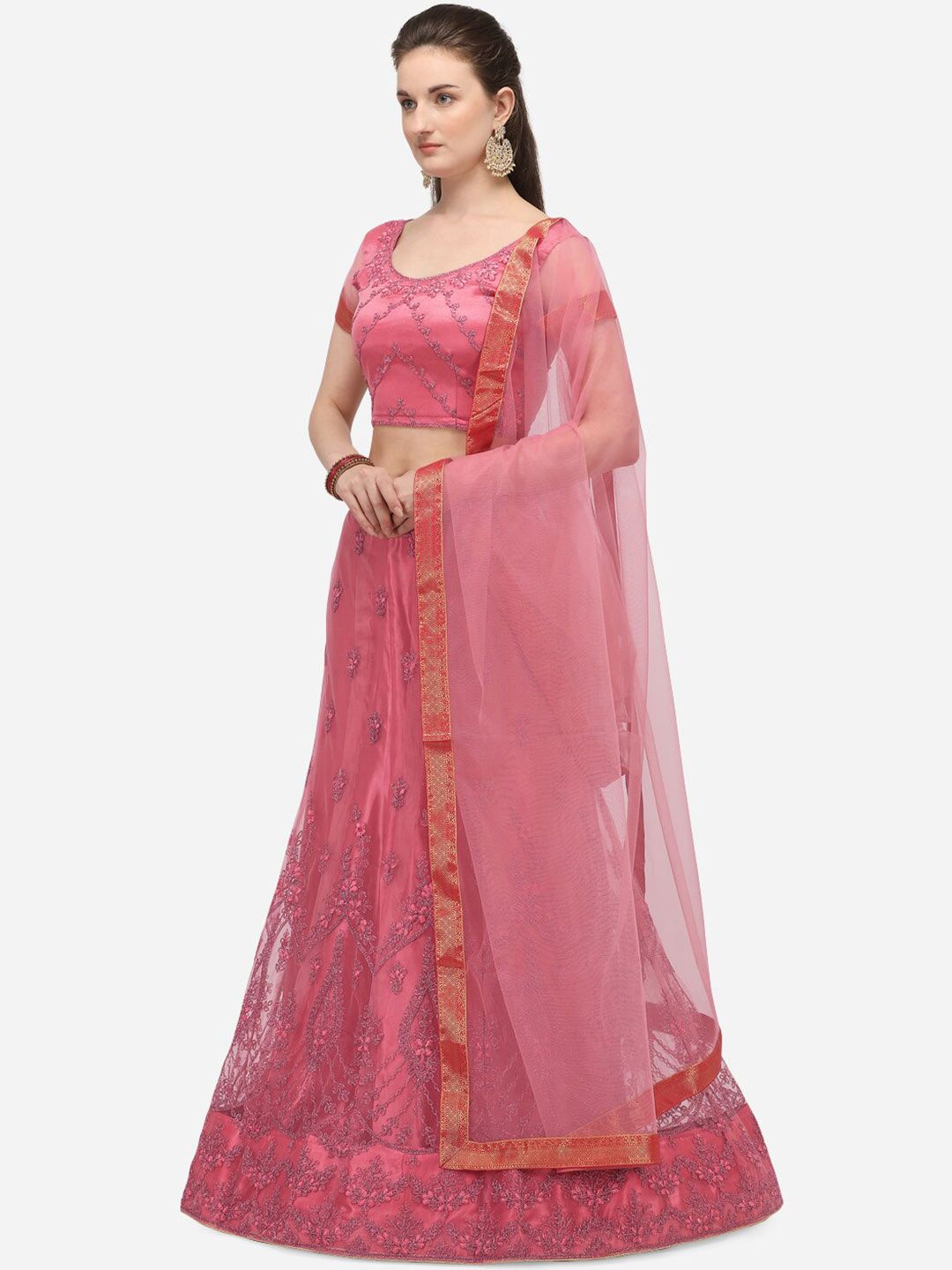 Netram Women Pink Embroidered Semi-Stitched Lehenga Choli with Dupatta Price in India