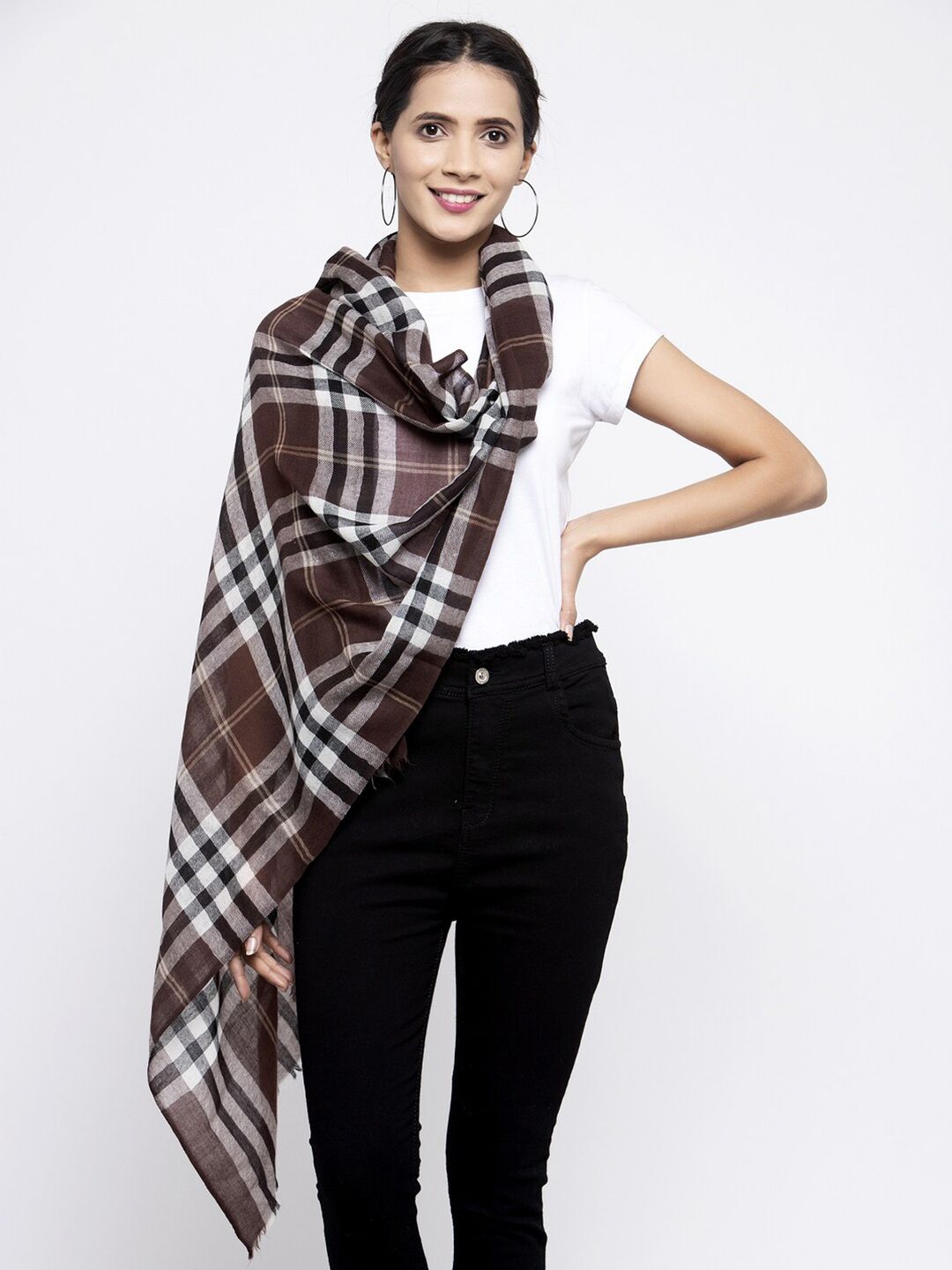 Calvadoss Women Brown & White Wool Checked Stole Price in India