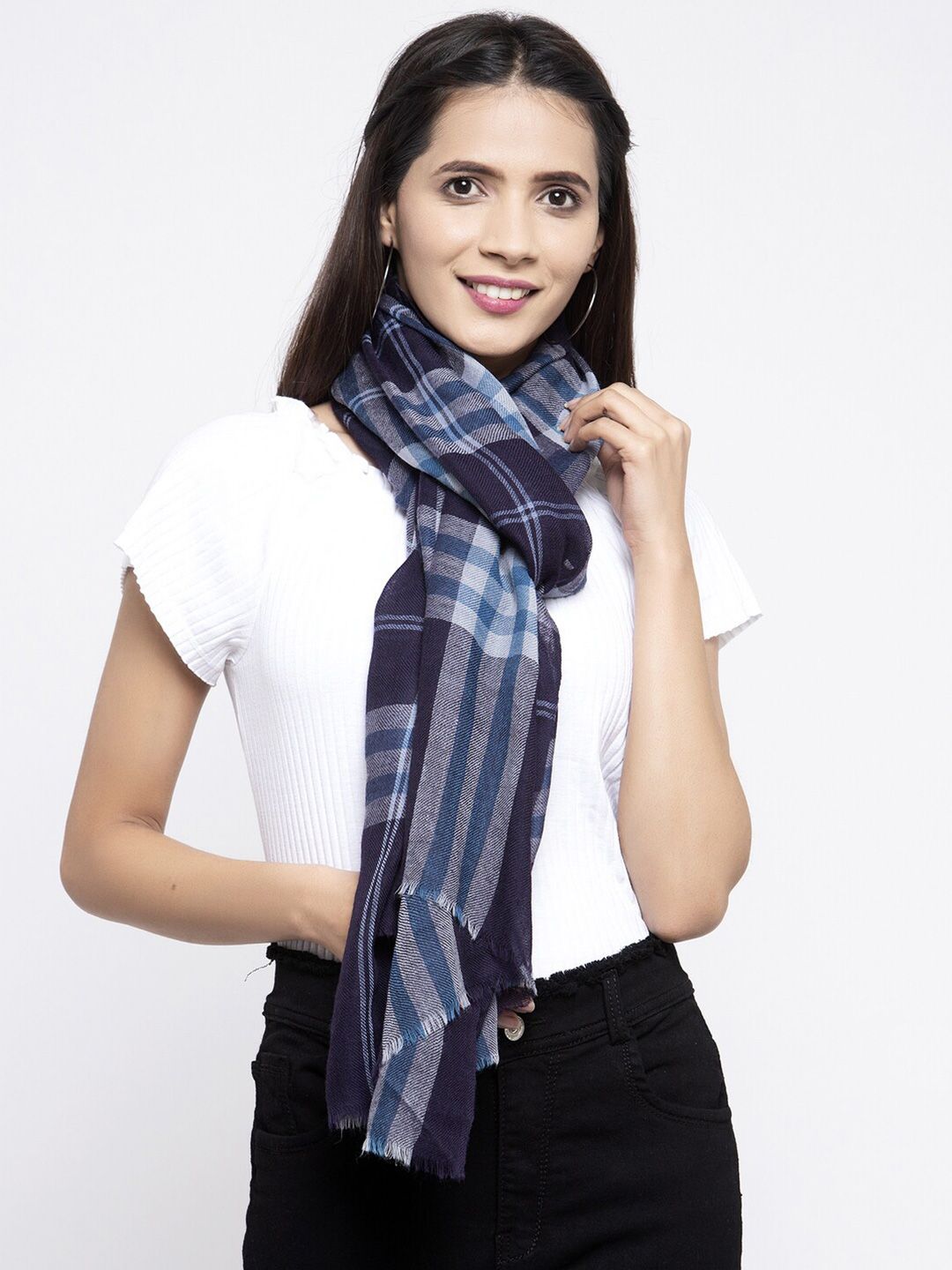 Calvadoss Women Blue & Black Checked Wool Stole Price in India