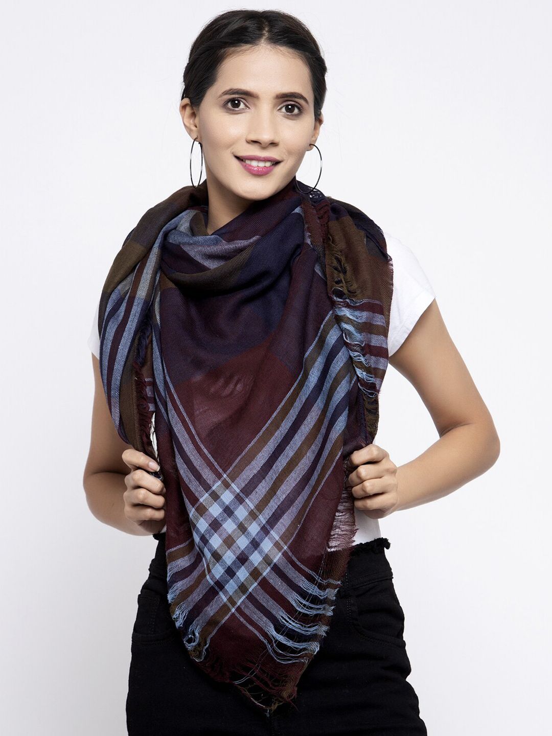 Calvadoss Women Maroon & Blue Wool Checked Stole Price in India