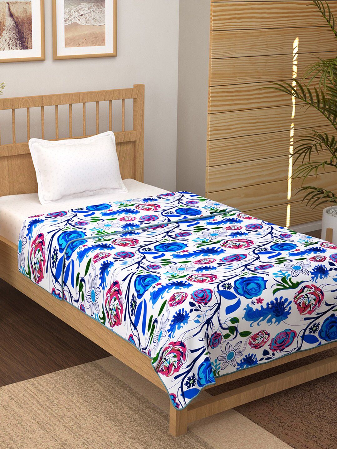 Story@home White & Blue Floral Printed Cotton AC Room Single Bed Dohar Price in India