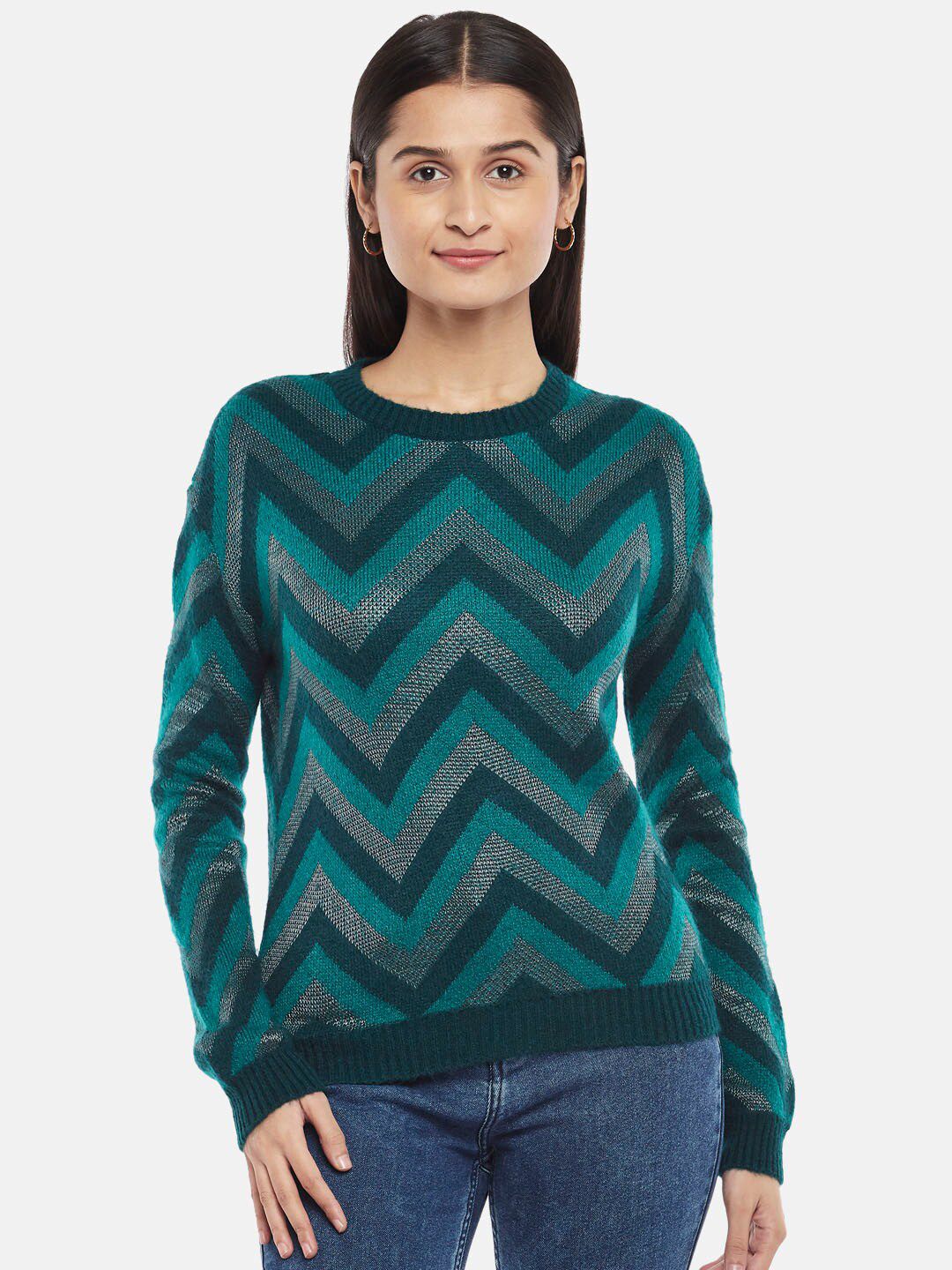 People Women Green & Sea Green Chevron Pullover Price in India