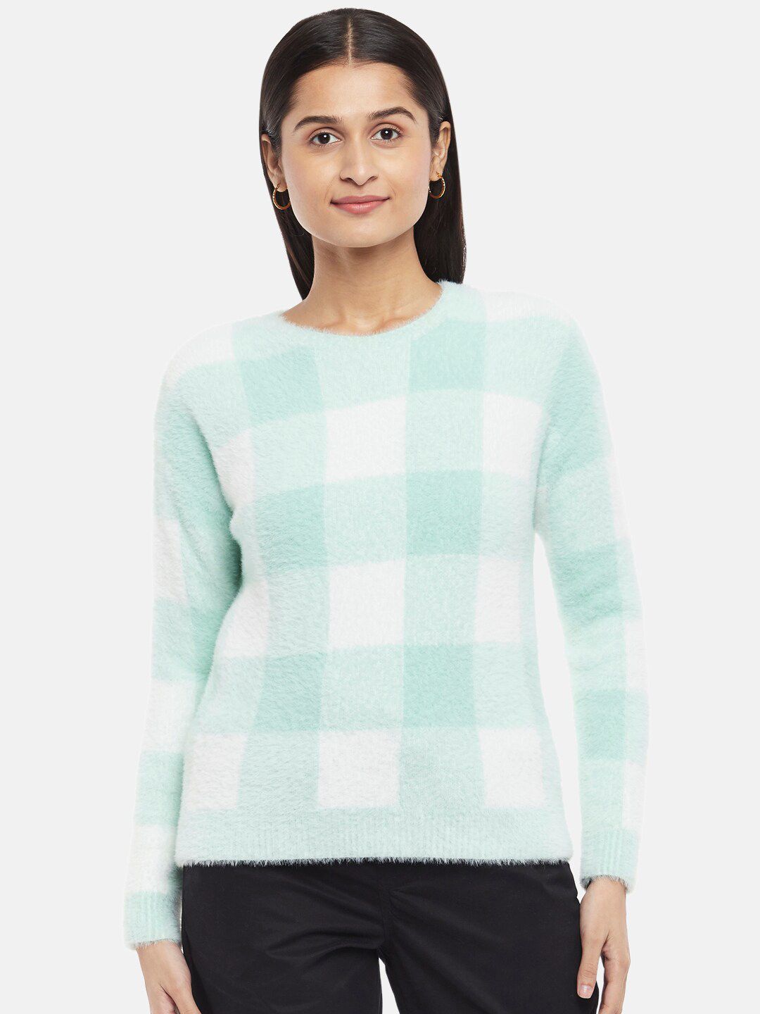People Women White & Sea Green Checked Pullover with Fuzzy Detail Price in India