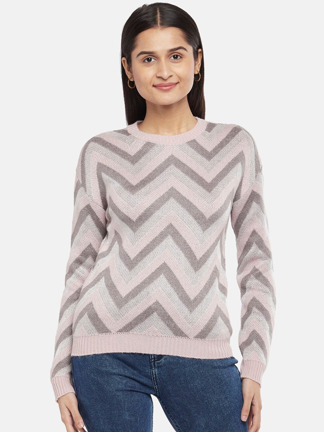 People Women Grey & Pink Woolen Pullover Price in India