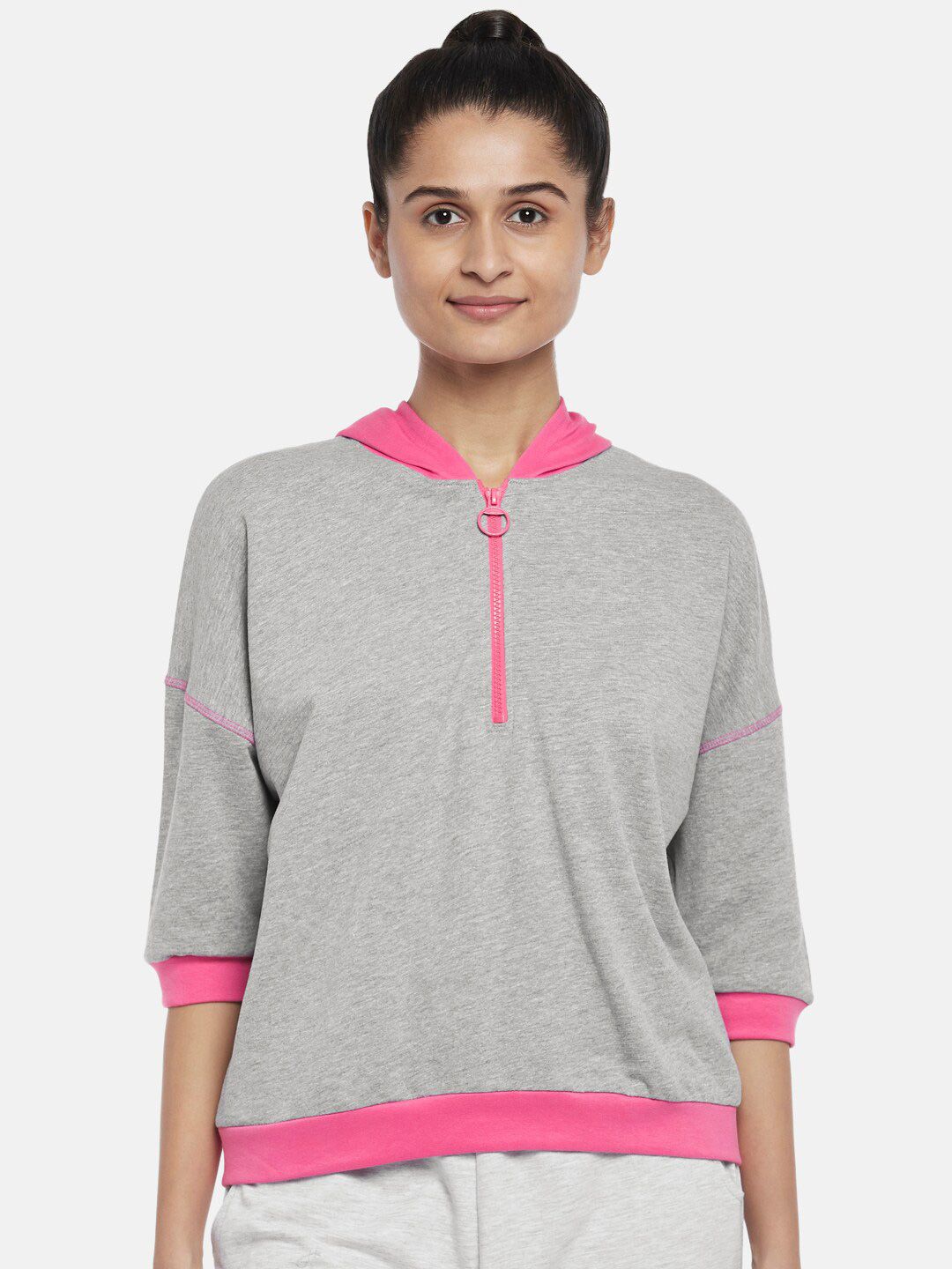 Ajile by Pantaloons Women Grey Melange & Pink Solid Sweatshirt Price in India