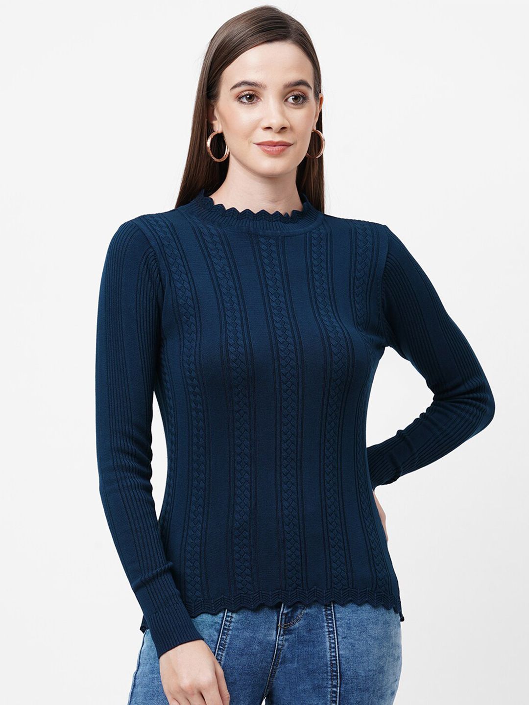 Kraus Jeans Women Blue Striped Acrylic Pullover Price in India