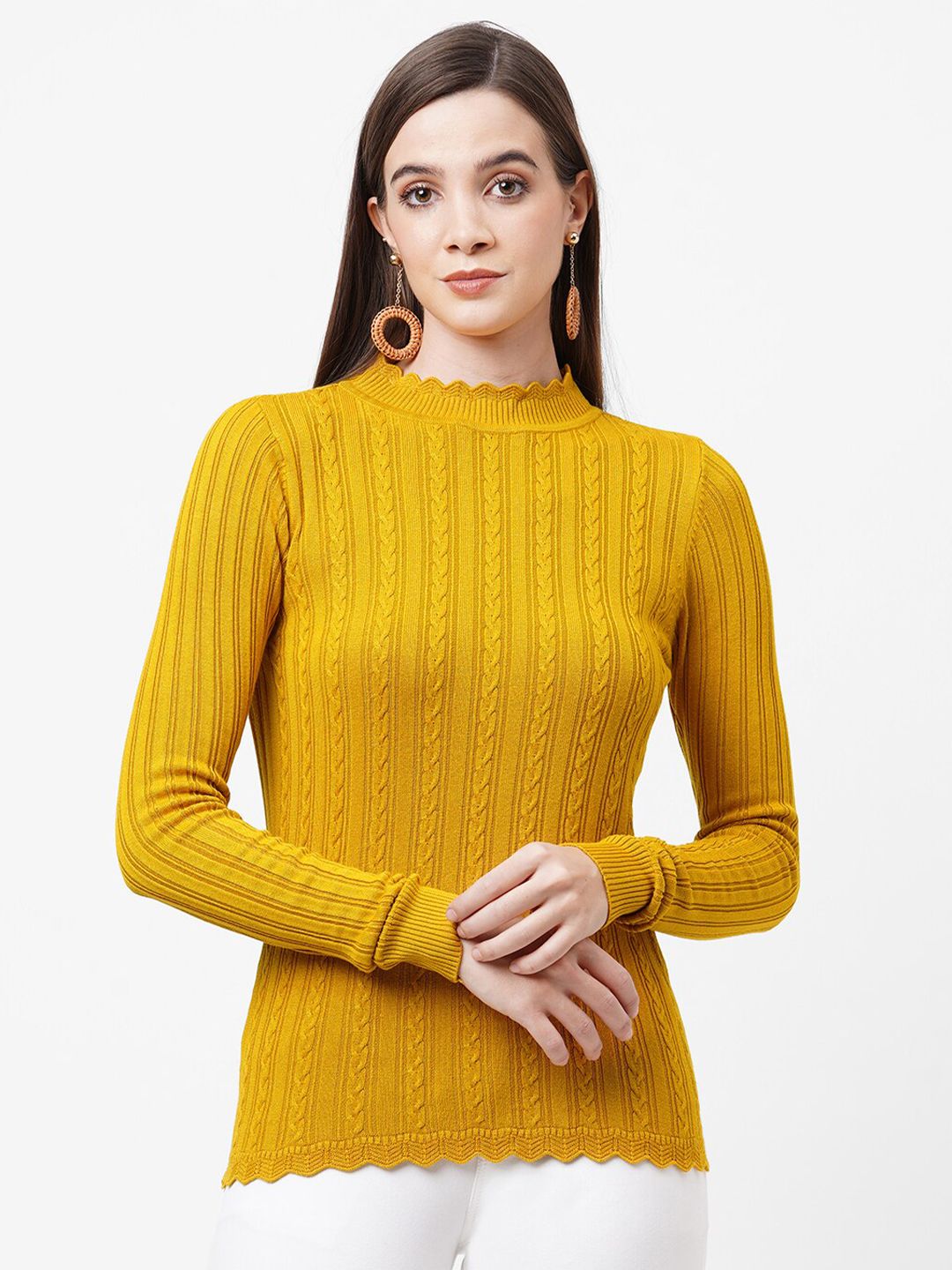 Kraus Jeans Women Mustard Yellow Cable Knit Pullover Price in India
