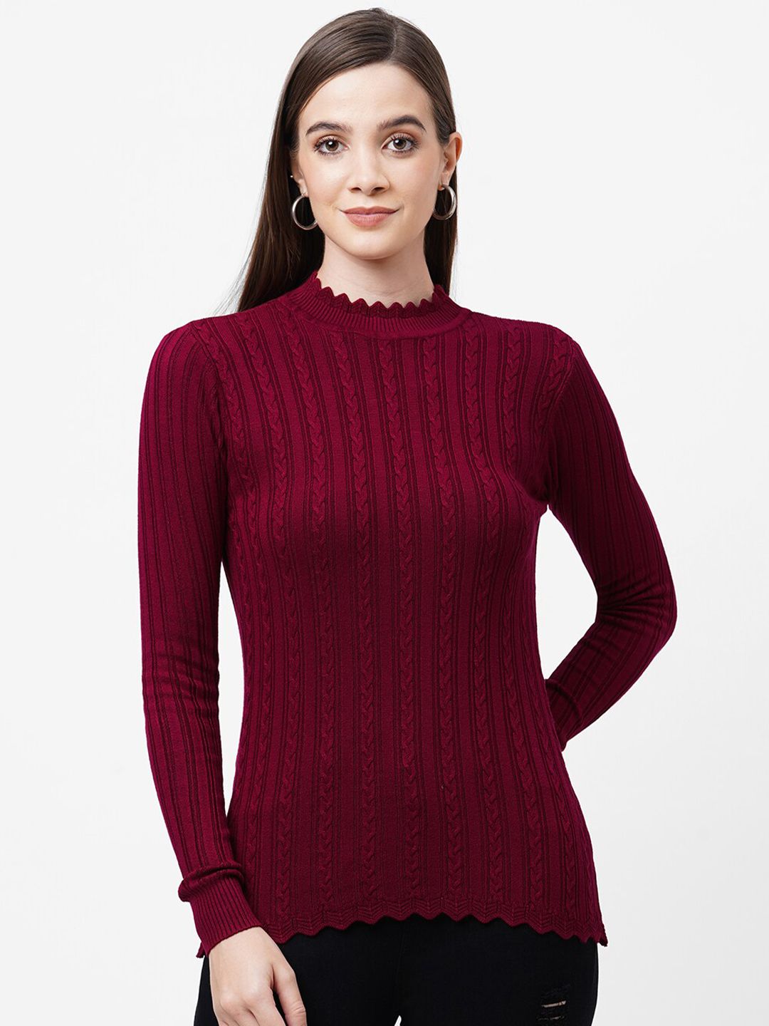 Kraus Jeans Women Maroon Cable Knit Striped Pullover Price in India