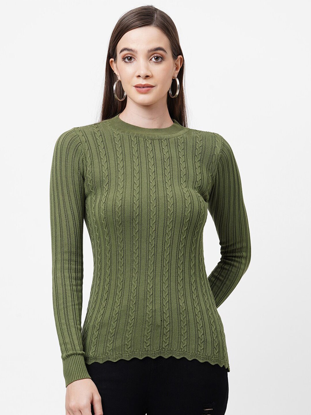 Kraus Jeans Women Olive Green Cable Knit Pullover Price in India