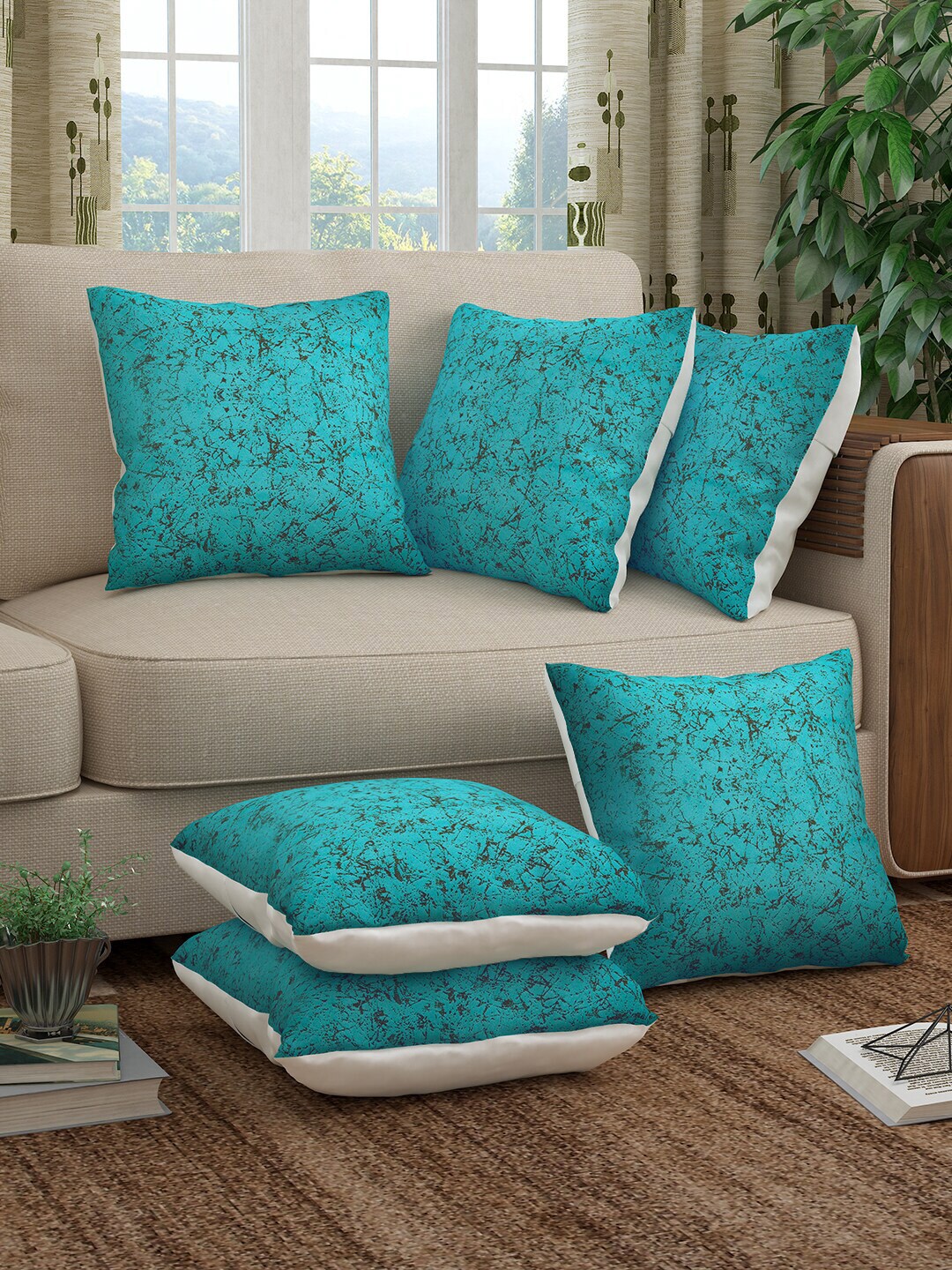 Story@home Blue & Black Set of 6 Abstract Square Cushion Covers Price in India