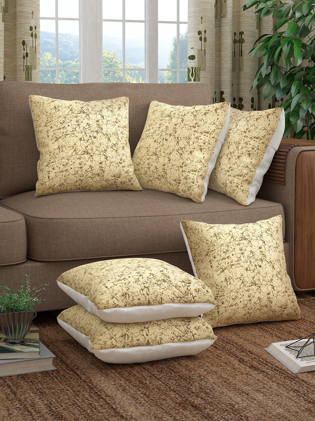 Story@home Cream-Coloured Set of 6 Abstract Square Cushion Covers Price in India