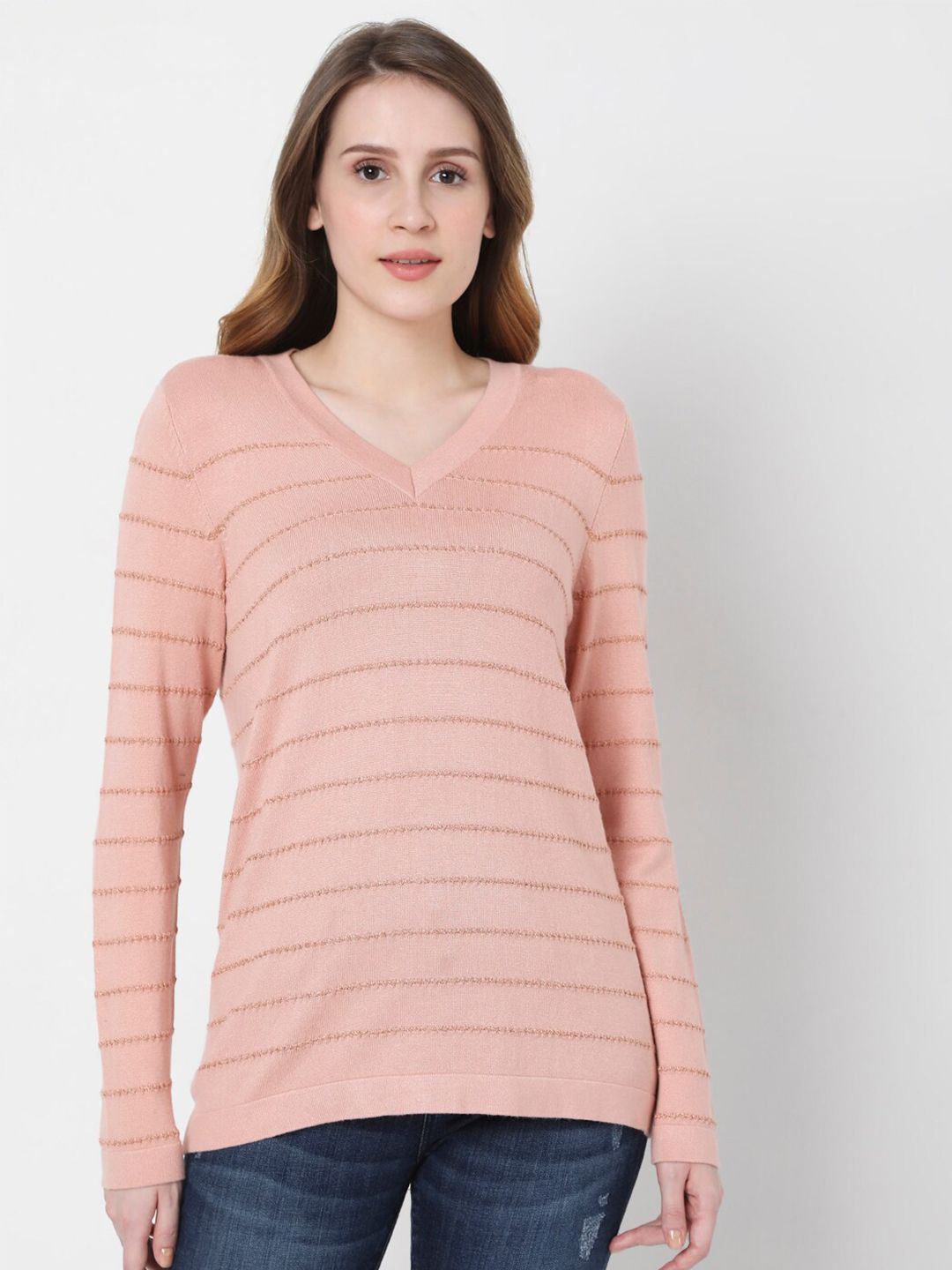 Vero Moda Women Pink Striped Pullover Price in India
