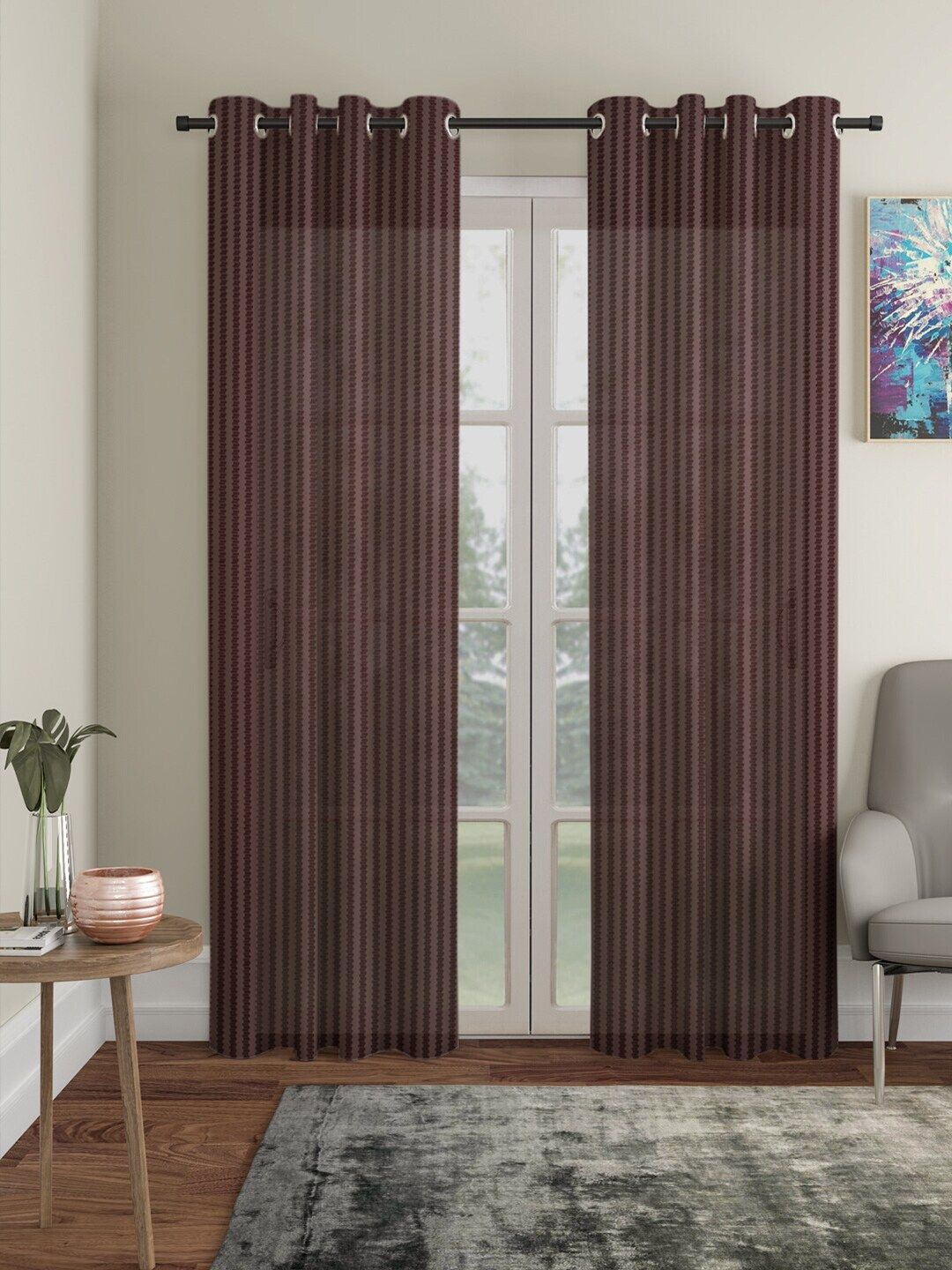 HOSTA HOMES Brown Set of 2 Striped Door Curtain Price in India