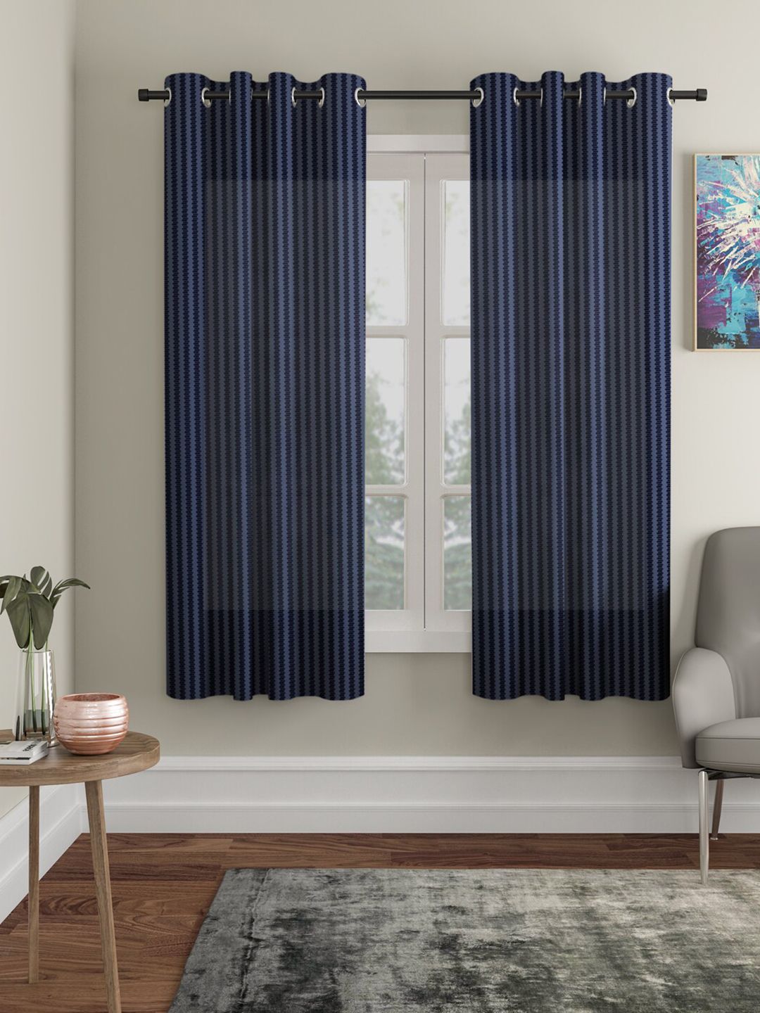 HOSTA HOMES Navy Blue Set of 2 Striped Window Curtain Price in India