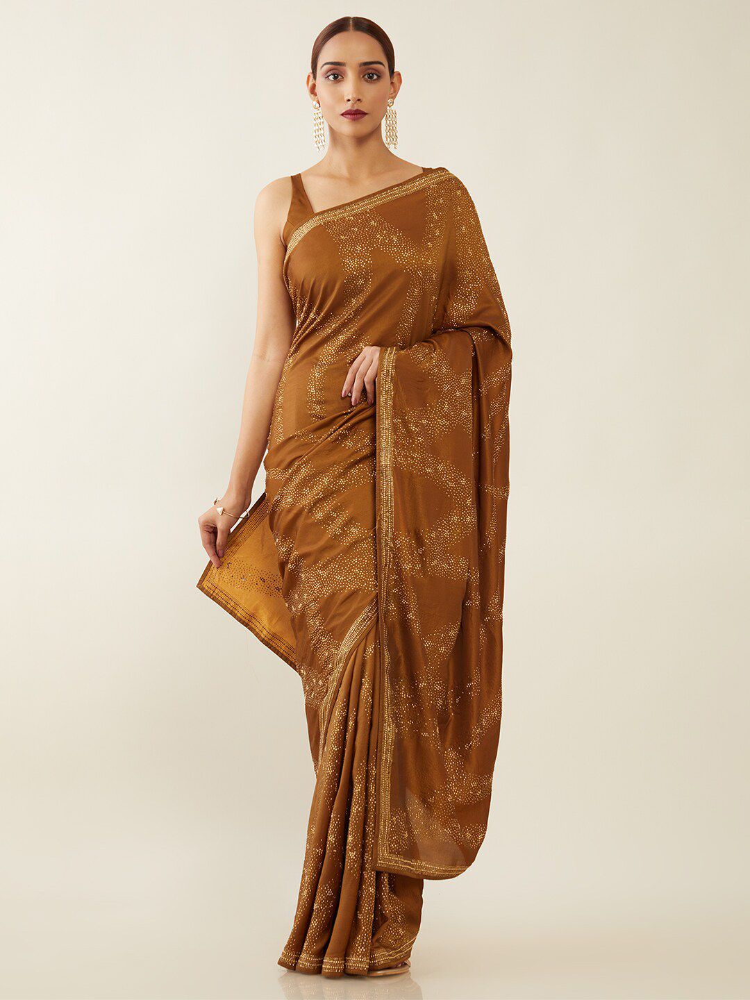 Soch Brown & Gold-Toned Embellished Beads and Stones Silk Blend Saree