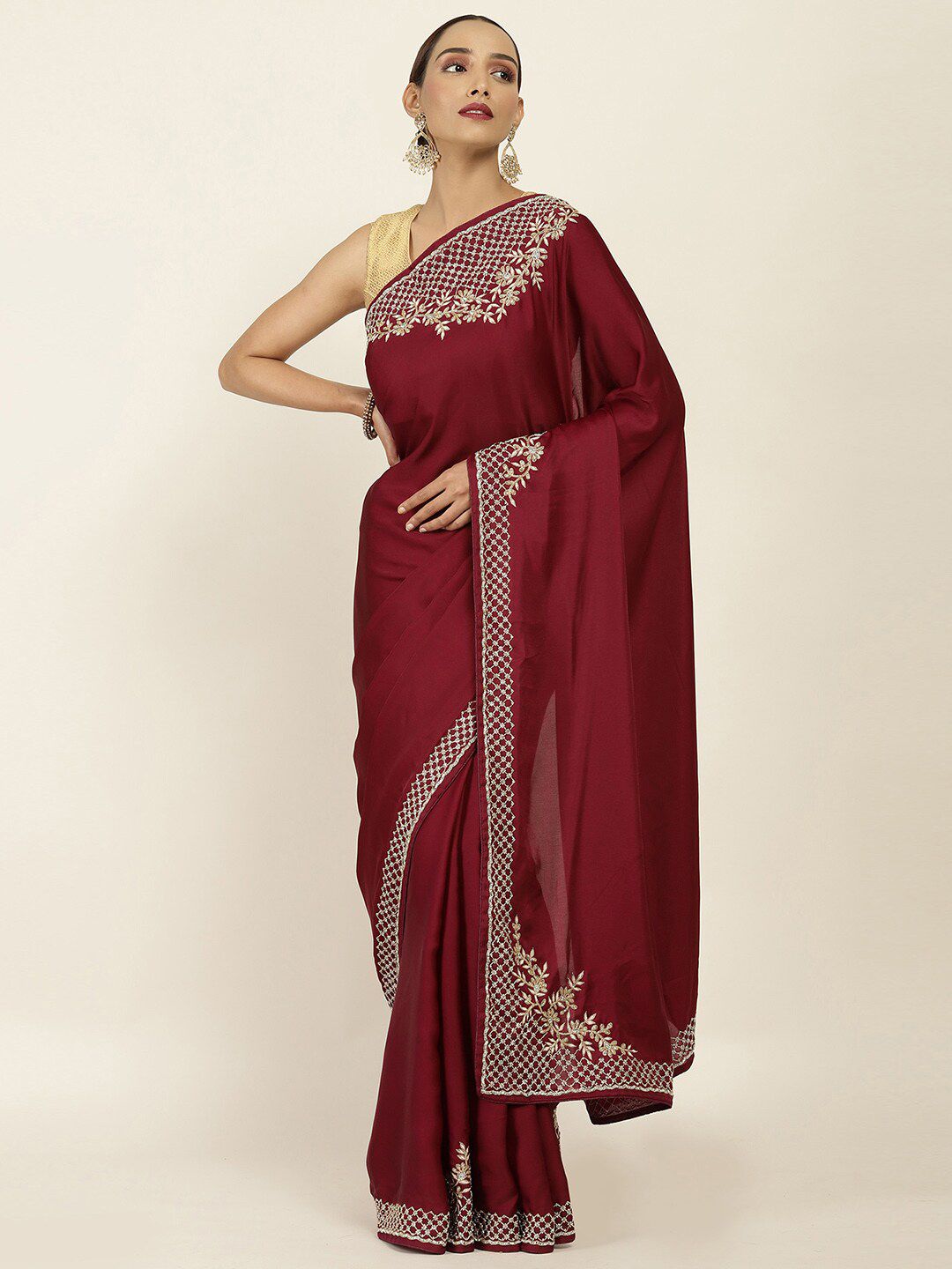 Soch Maroon & Gold Beads and Stones Embellished Saree Price in India