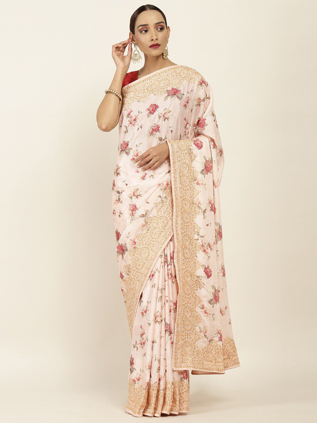 Soch Peach-Coloured & Gold-Toned Floral Printed Pure Chiffon Saree