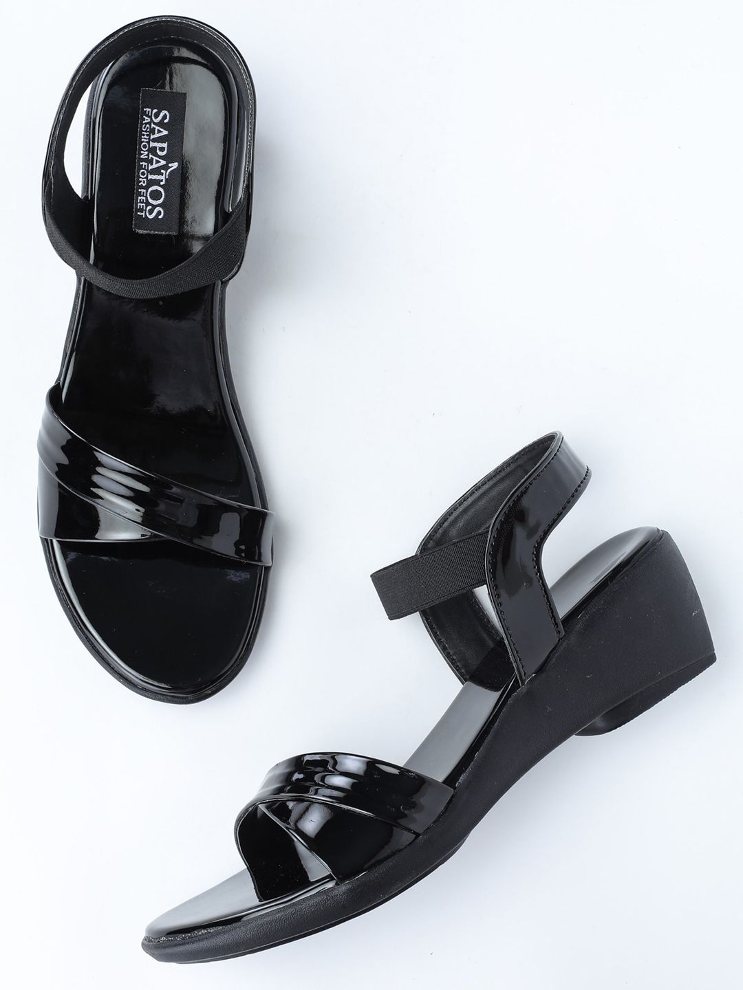 SAPATOS Black Wedge Solid Sandals Price in India