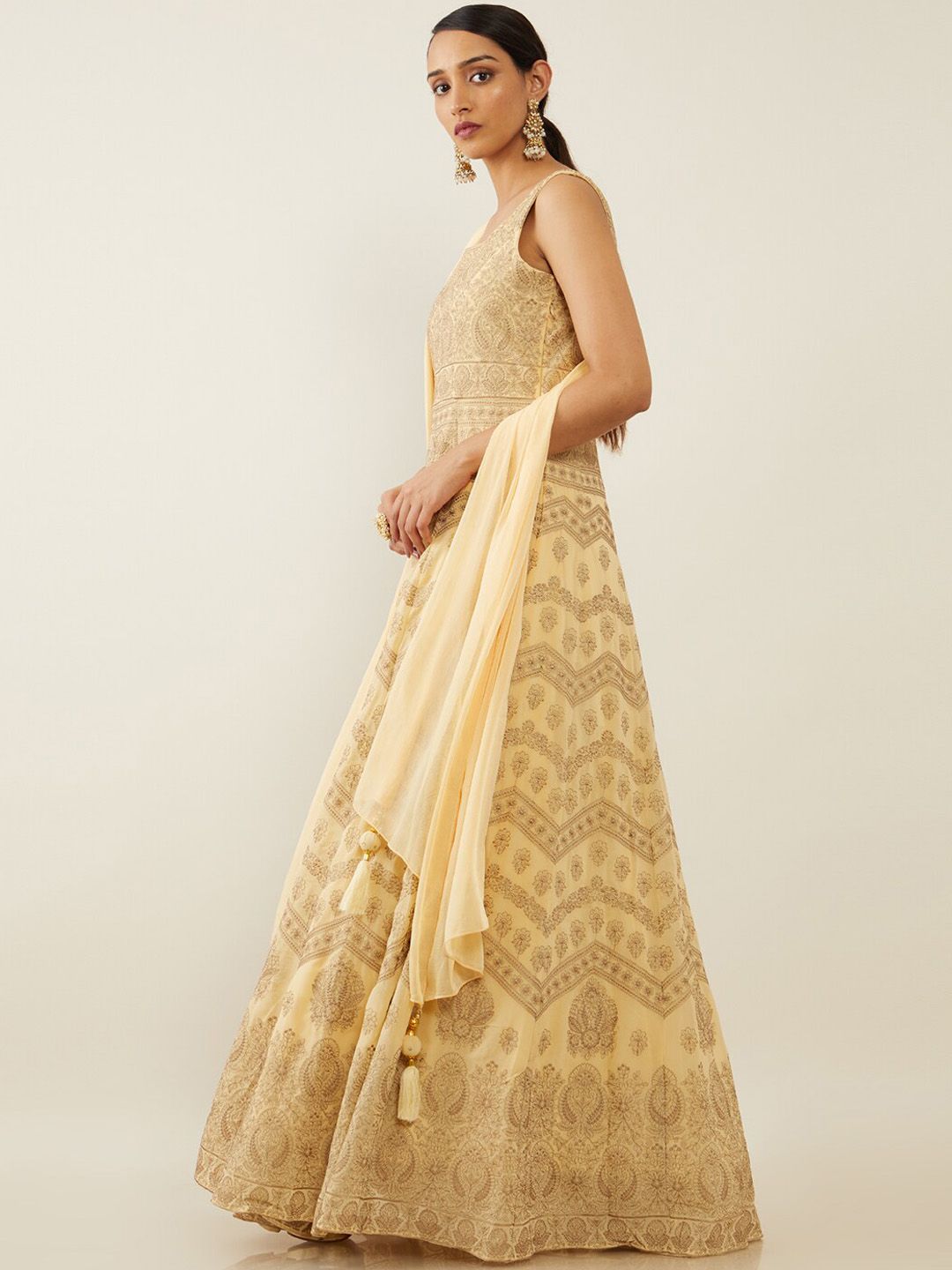 Soch Women Cream-Coloured Floral Empire Top with Skirt & With Dupatta Price in India