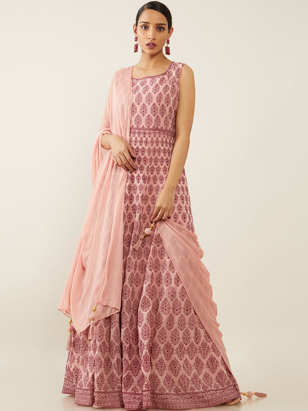 Soch Women Pink Floral Embroidered Empire Kurti with Skirt & With Dupatta Price in India