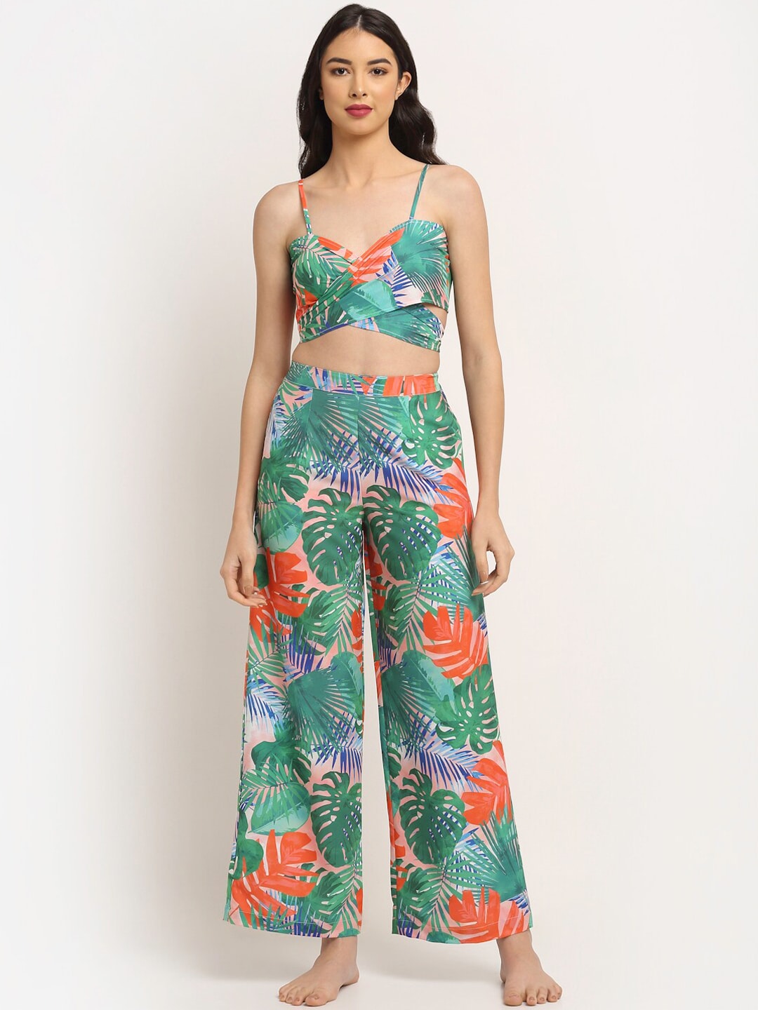EROTISSCH Women Green Tropical Printed Beach Wear Set Price in India