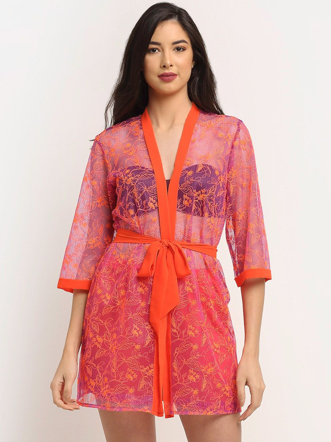 EROTISSCH Women Purple & Orange Floral Self Design Beachwear Set Price in India