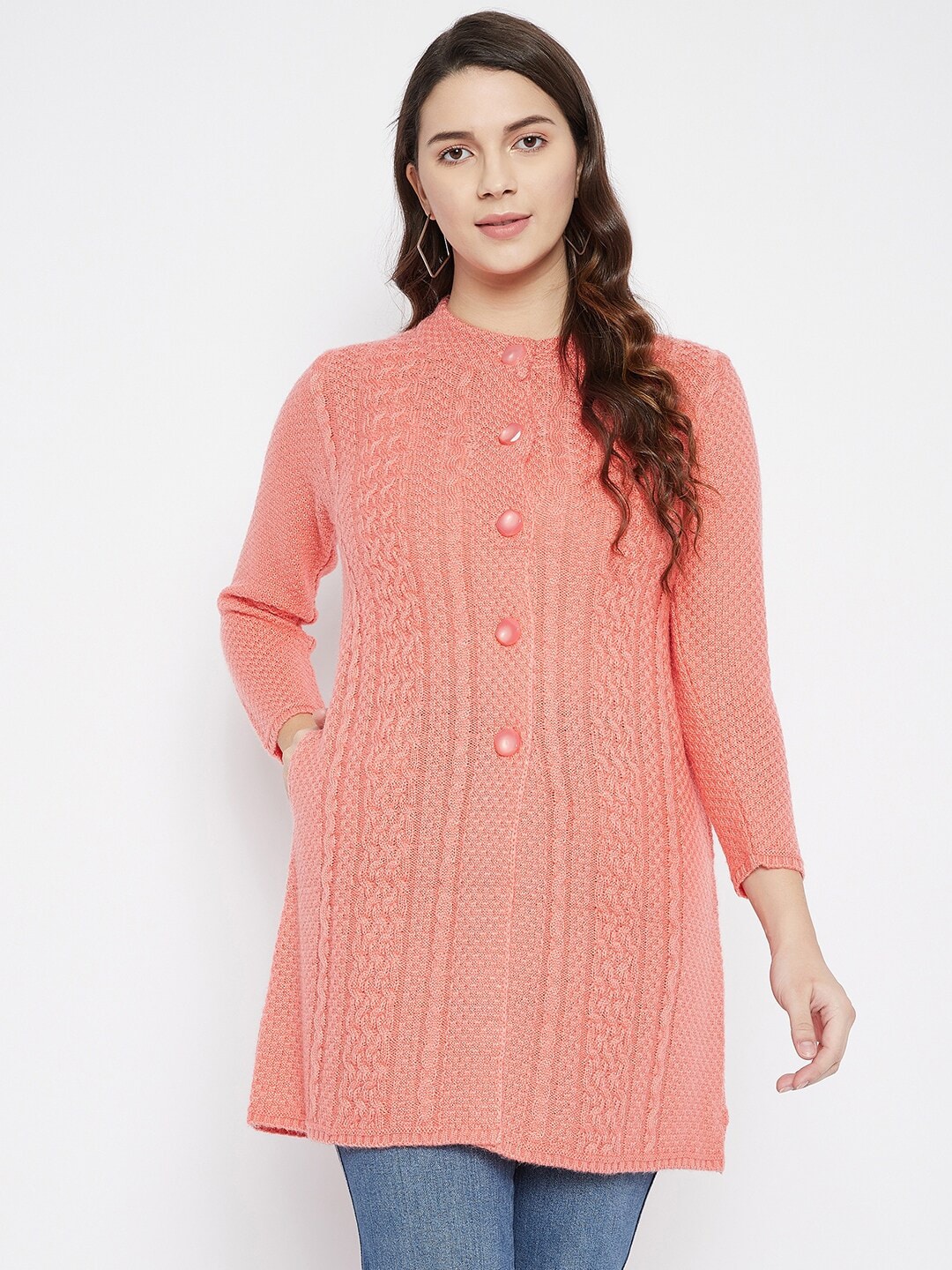 Zigo Women Coral Self Design Wool Longline Cardigan Price in India
