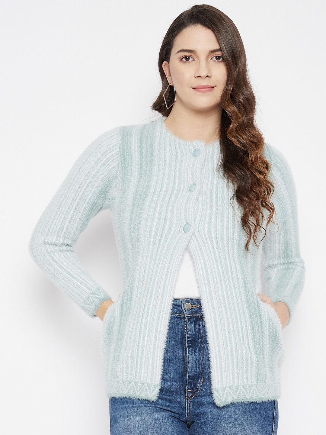 Zigo Women Blue & White Striped Cardigan Price in India