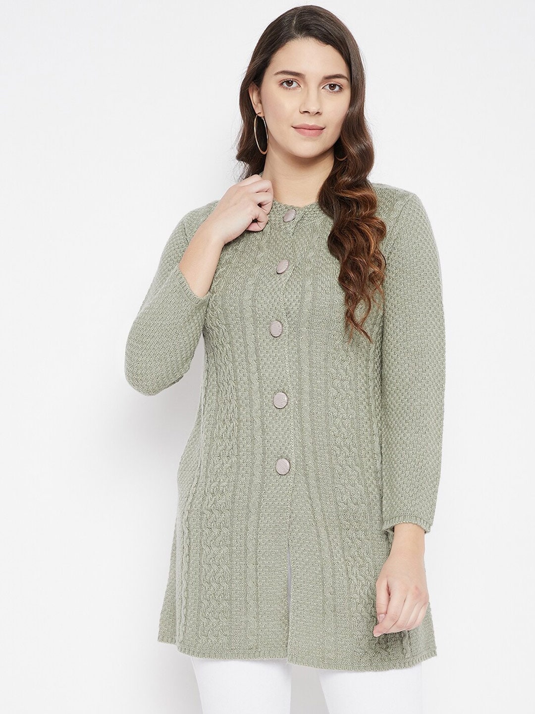 Zigo Women Olive Green Longline Wool Cardigan Price in India