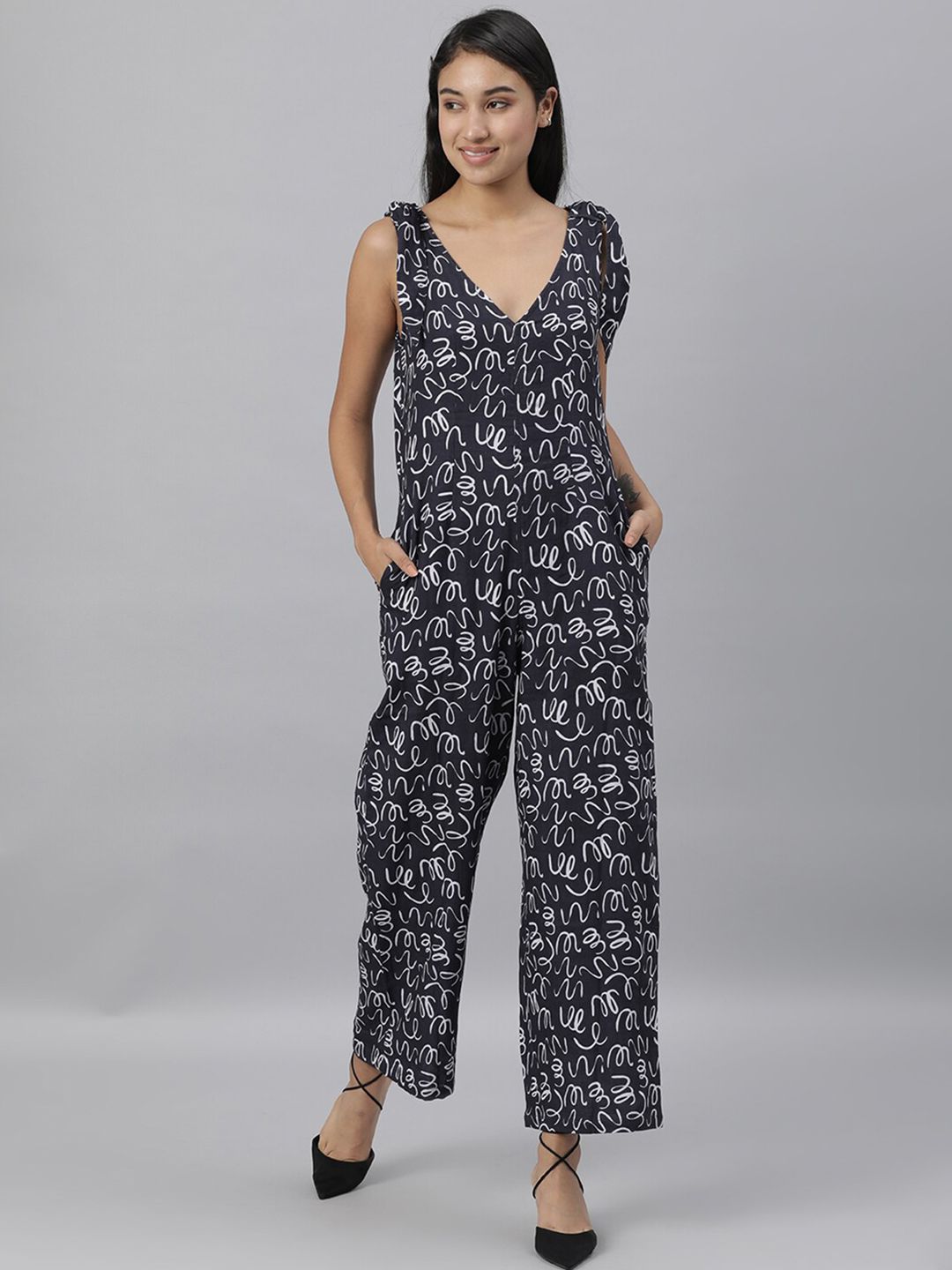 RAREISM Black & White Printed Basic Jumpsuit Price in India