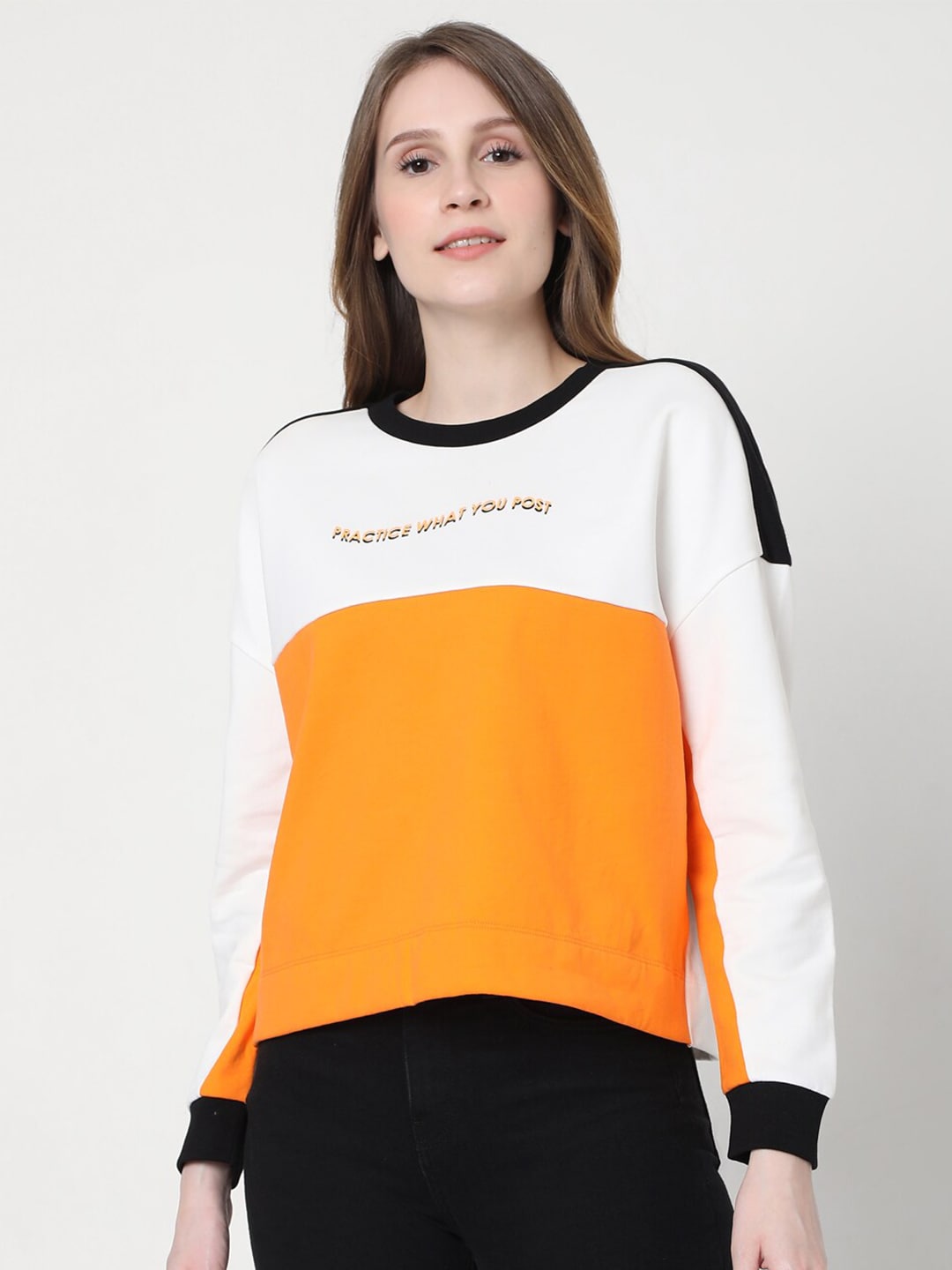 Vero Moda Women White & Orange Colourblocked Cotton Sweatshirt Price in India