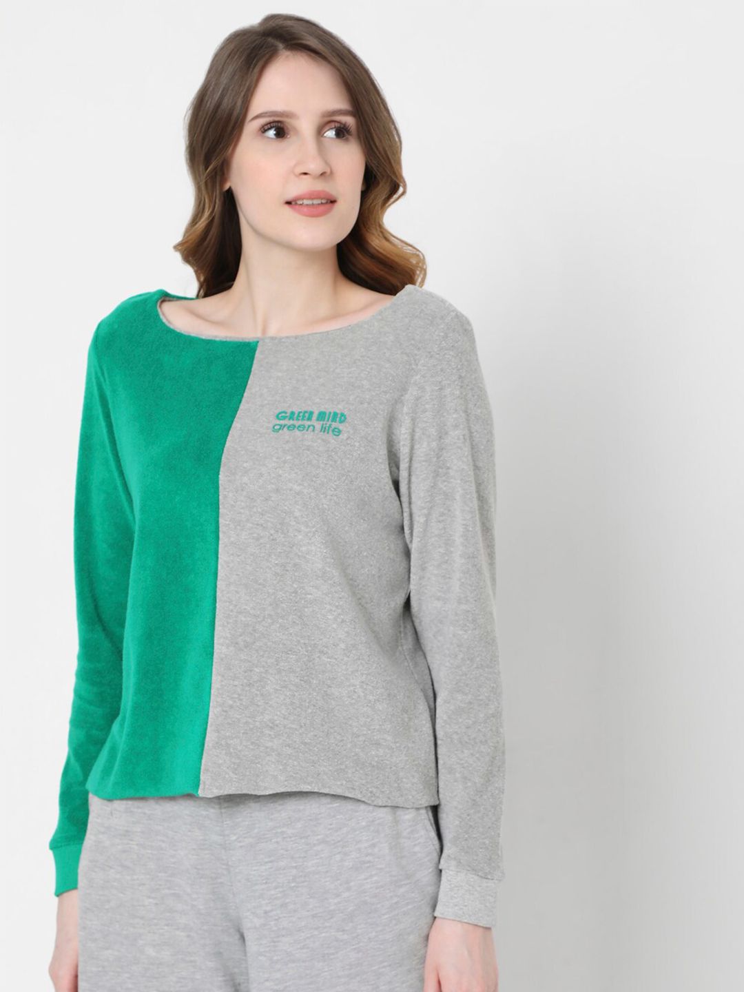 Vero Moda Women Grey & Green Colourblocked Sweatshirt Price in India