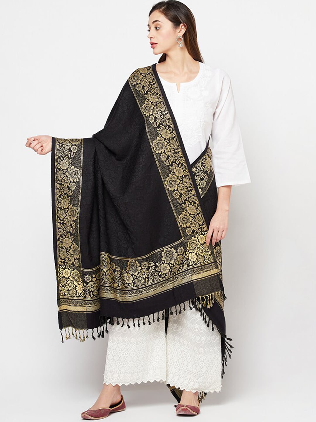 Safaa Women Black & Beige Woven Design Shawl Price in India