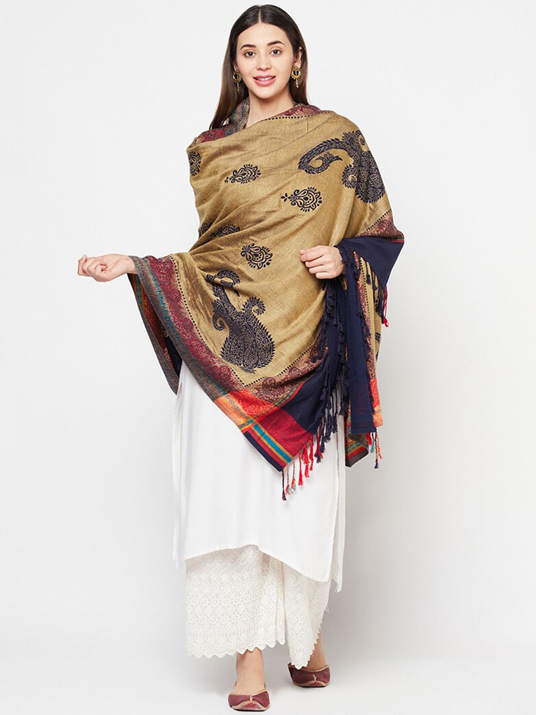 Safaa Women Navy Blue & Red Woven Design Shawl Price in India