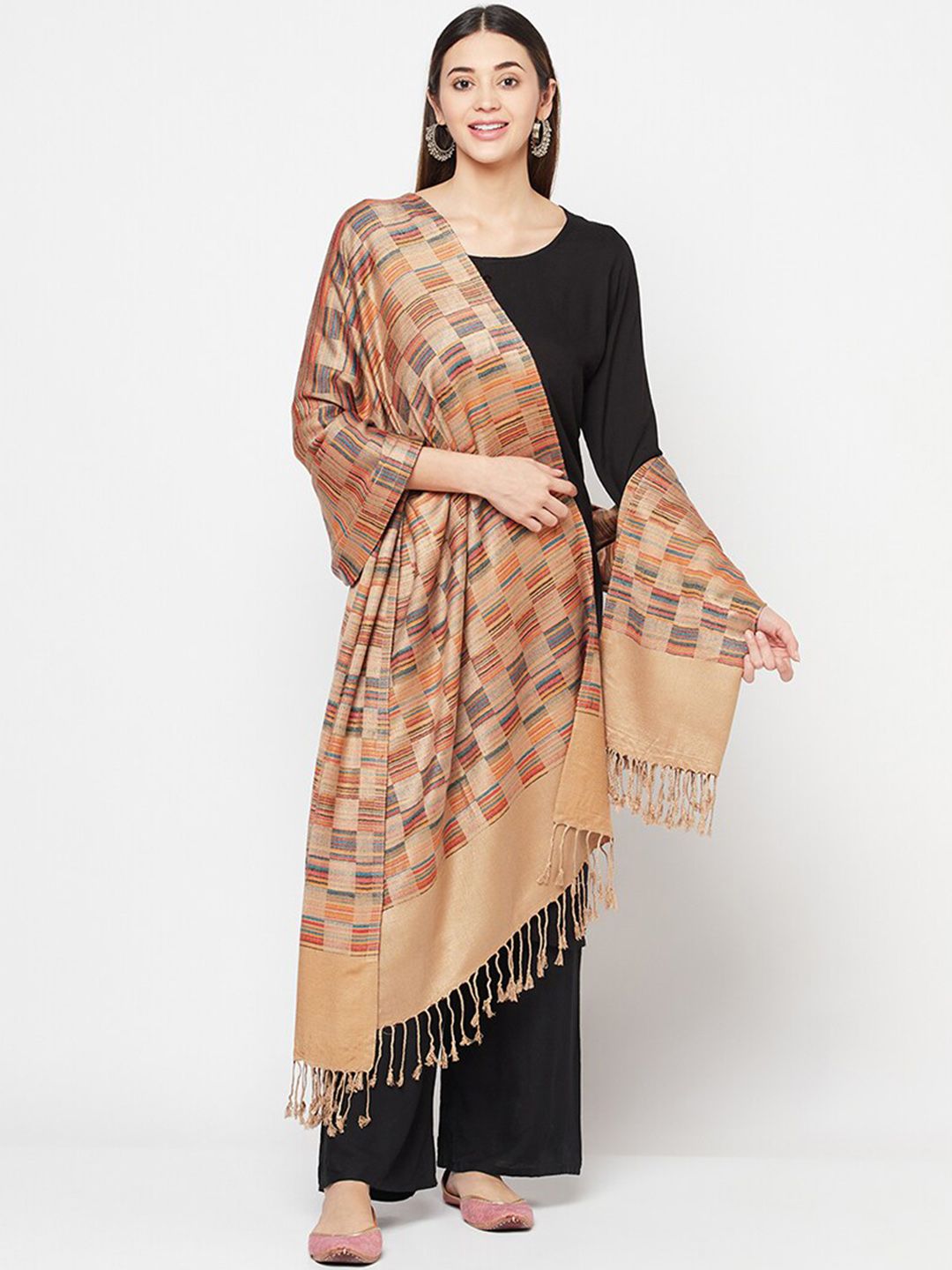 Safaa Women Beige & Brown Woven Design Shawl Price in India
