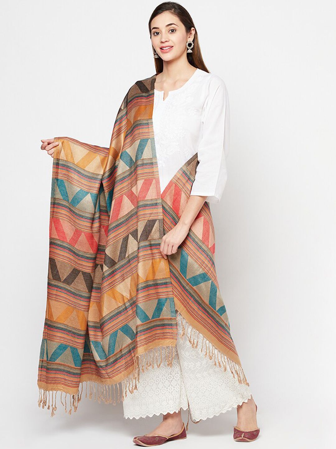 Safaa Women Beige & Blue Woven Design Shawl