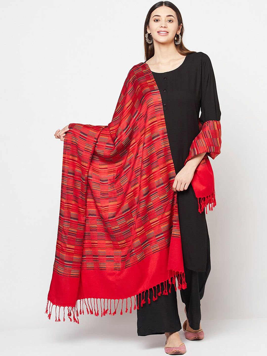 Safaa Women Red & Orange Woven Design Acrylic Blend Shawl Price in India