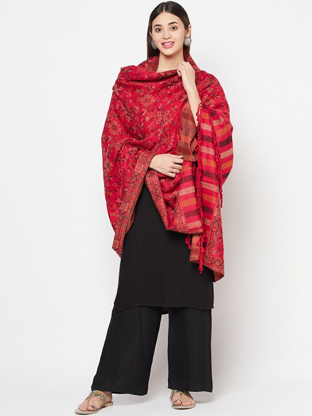 Safaa Women Red & Black Woven Design Acrylic Blend Shawl Price in India