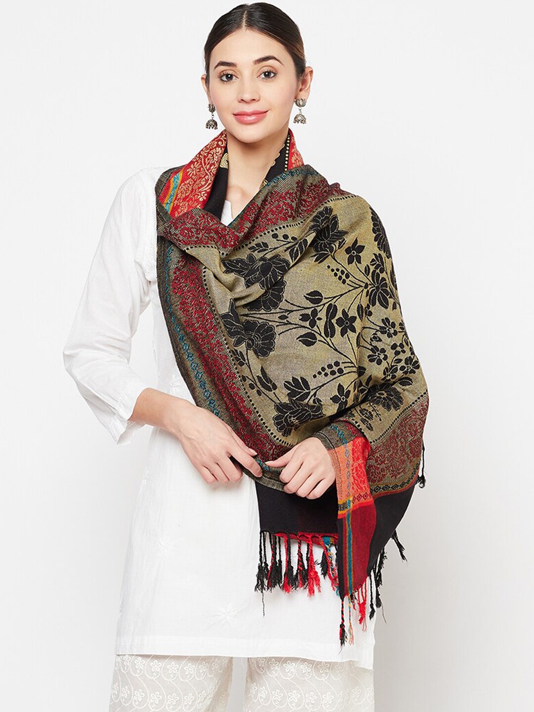 Safaa Women Black & Beige Woven Design Acrylic Blend Shawl Price in India
