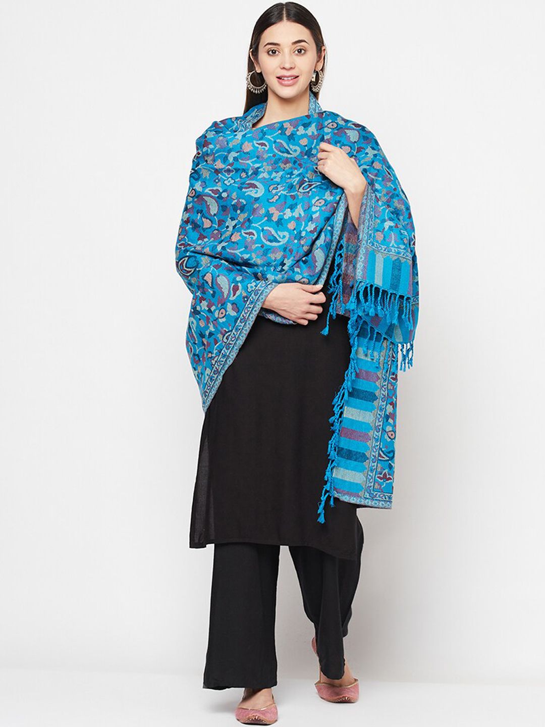 Safaa Women Blue & Beige Woven Design Acrylic Blend Shawl Price in India