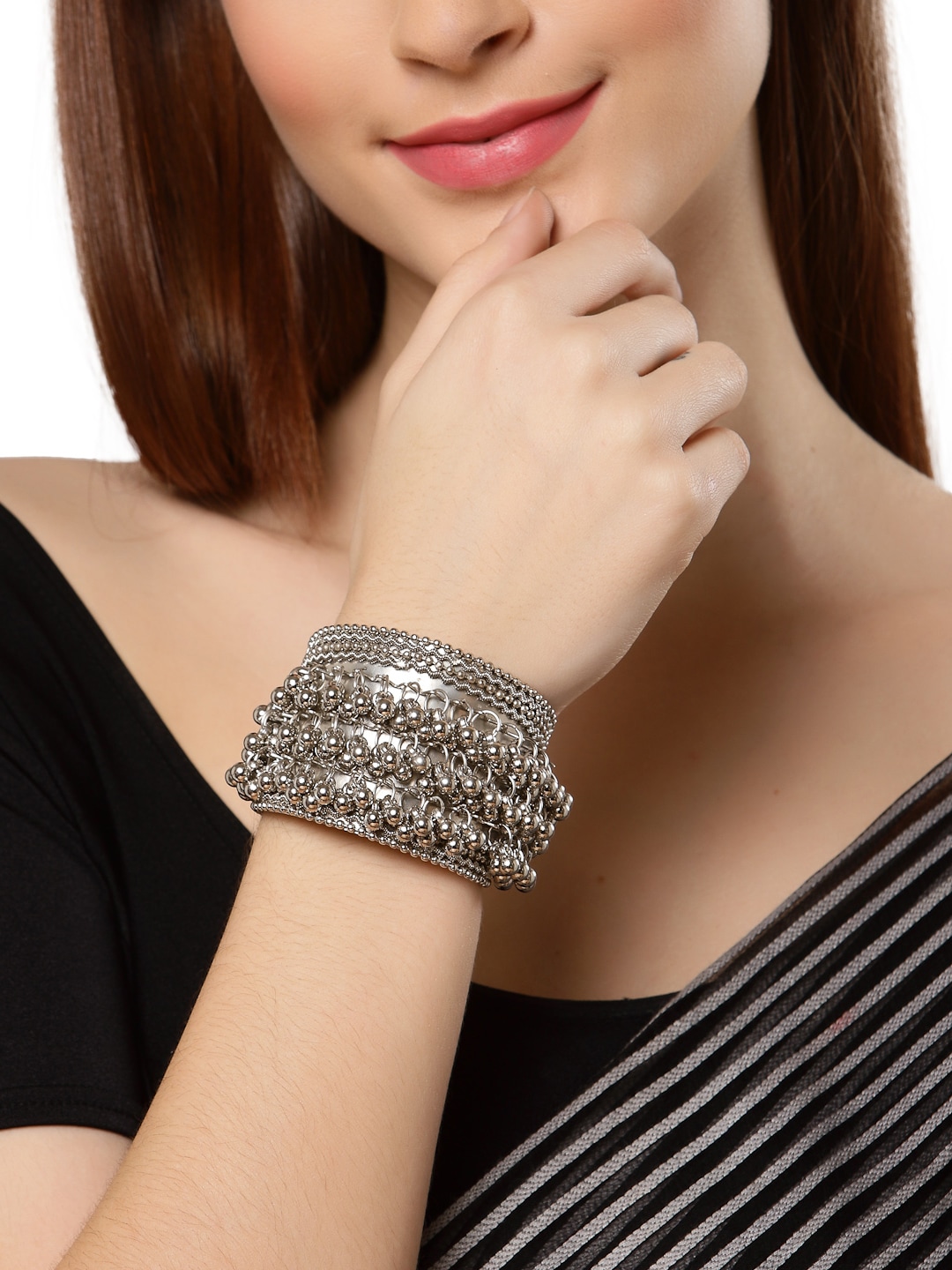 Shining Diva Women Silver-Toned Oxidised Silver-Plated Cuff Bracelet Price in India